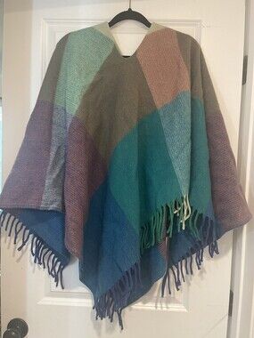 VTG Mid Century Wool Blend Cape L  XL Poncho Pullover Plaid